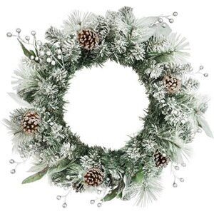 24" Snowy Flocked Mixed Spruce, Magnolia Leaf Pine Cones Christmas Wreaths